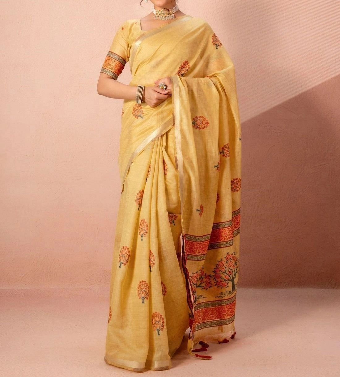Tryloom Mustard Yellow Chanderi Cotton Woven Onam Saree 1