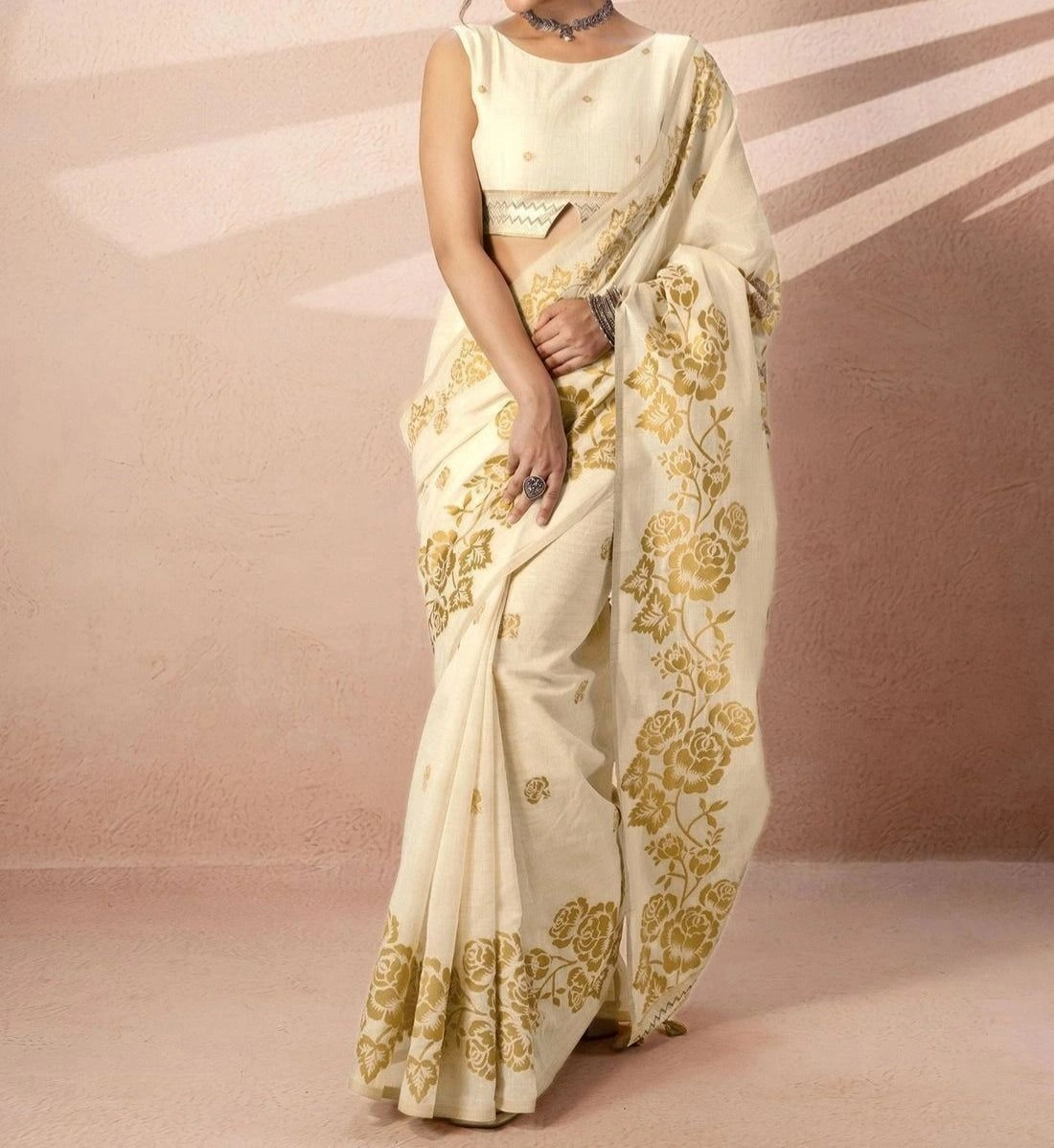 Tryloom Beige Chanderi Cotton Woven Onam Saree 1
