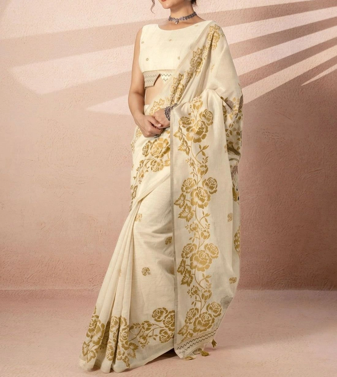 Tryloom Beige Chanderi Cotton Woven Onam Saree 2