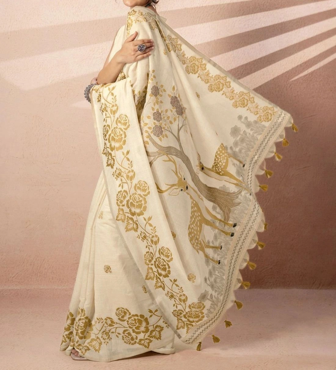 Tryloom Beige Chanderi Cotton Woven Onam Saree 3
