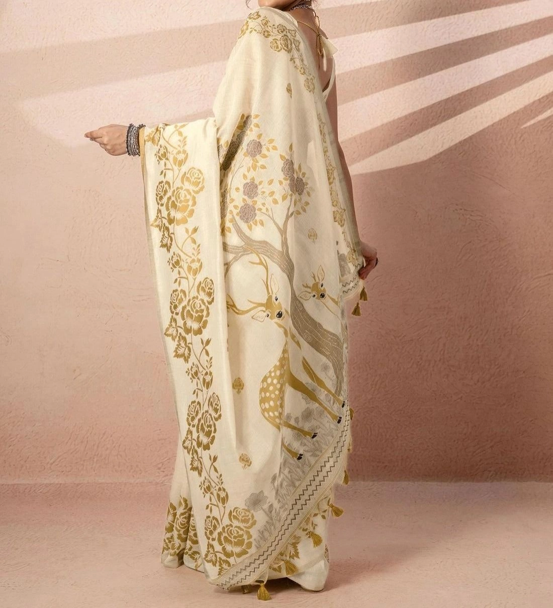Tryloom Beige Chanderi Cotton Woven Onam Saree 4