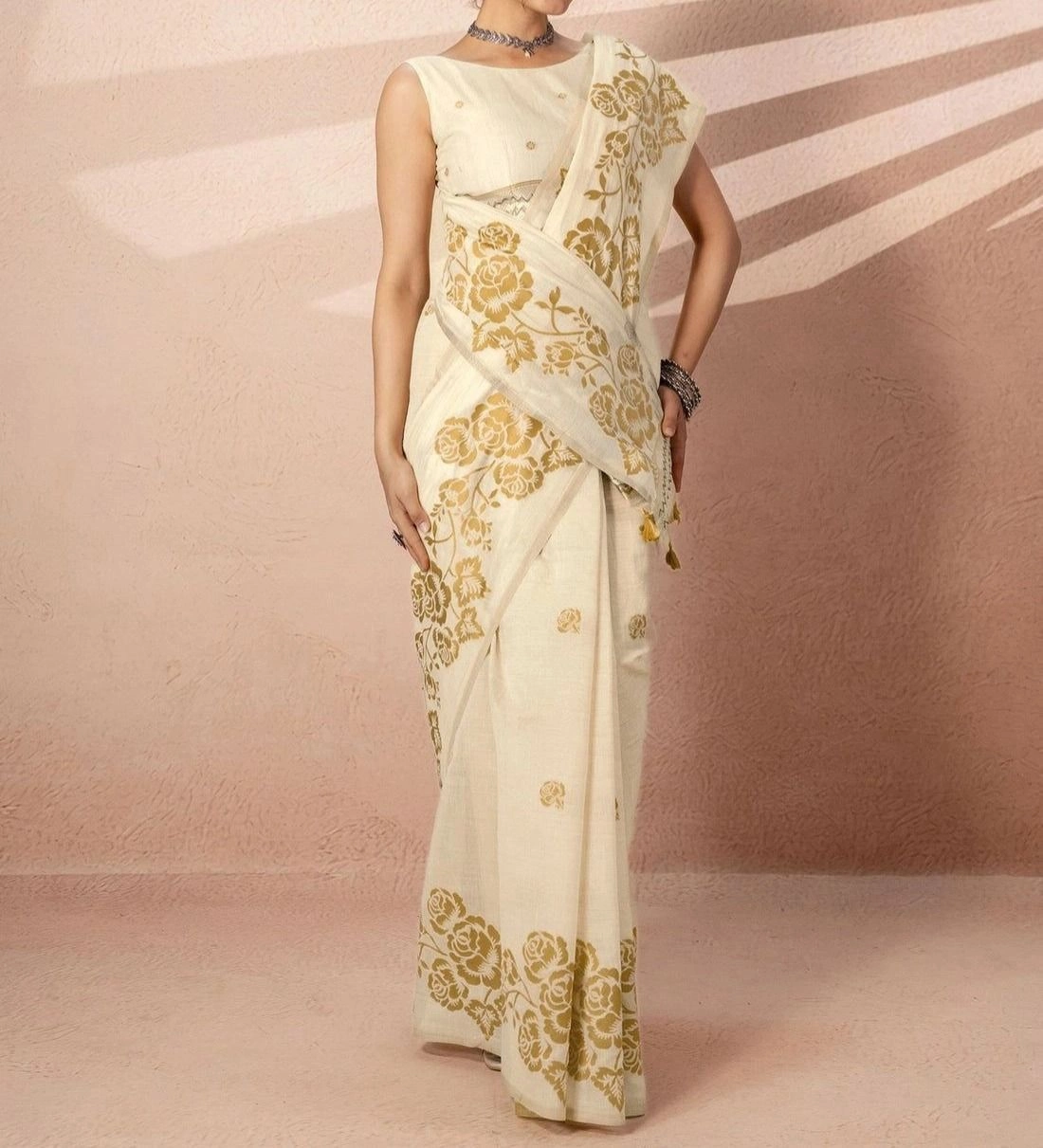 Tryloom Beige Chanderi Cotton Woven Onam Saree 6