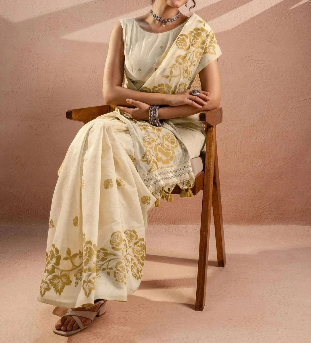 Tryloom Beige Chanderi Cotton Woven Onam Saree 8