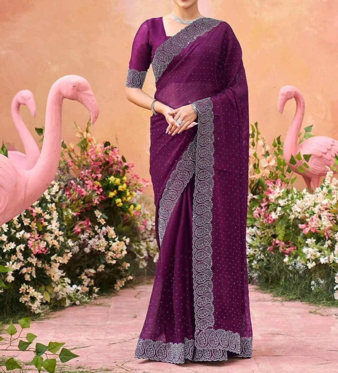 Tryloom Shimmer Stone Work Swarovski Saree 2