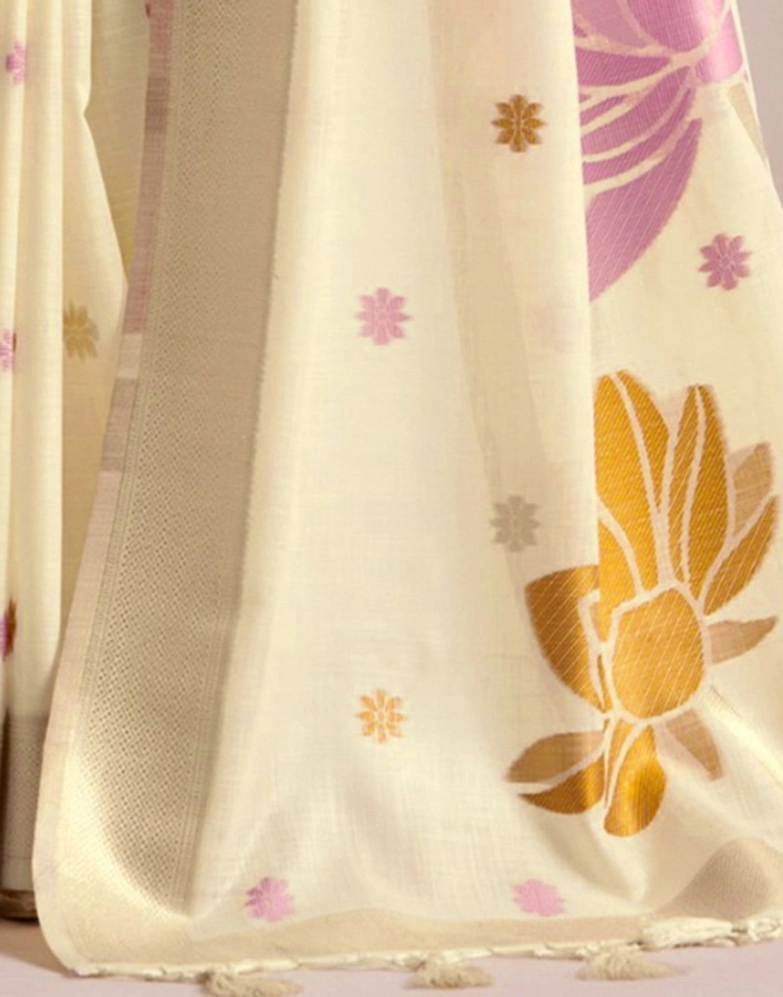 Tryloom Cream Linen Woven Onam Saree 5