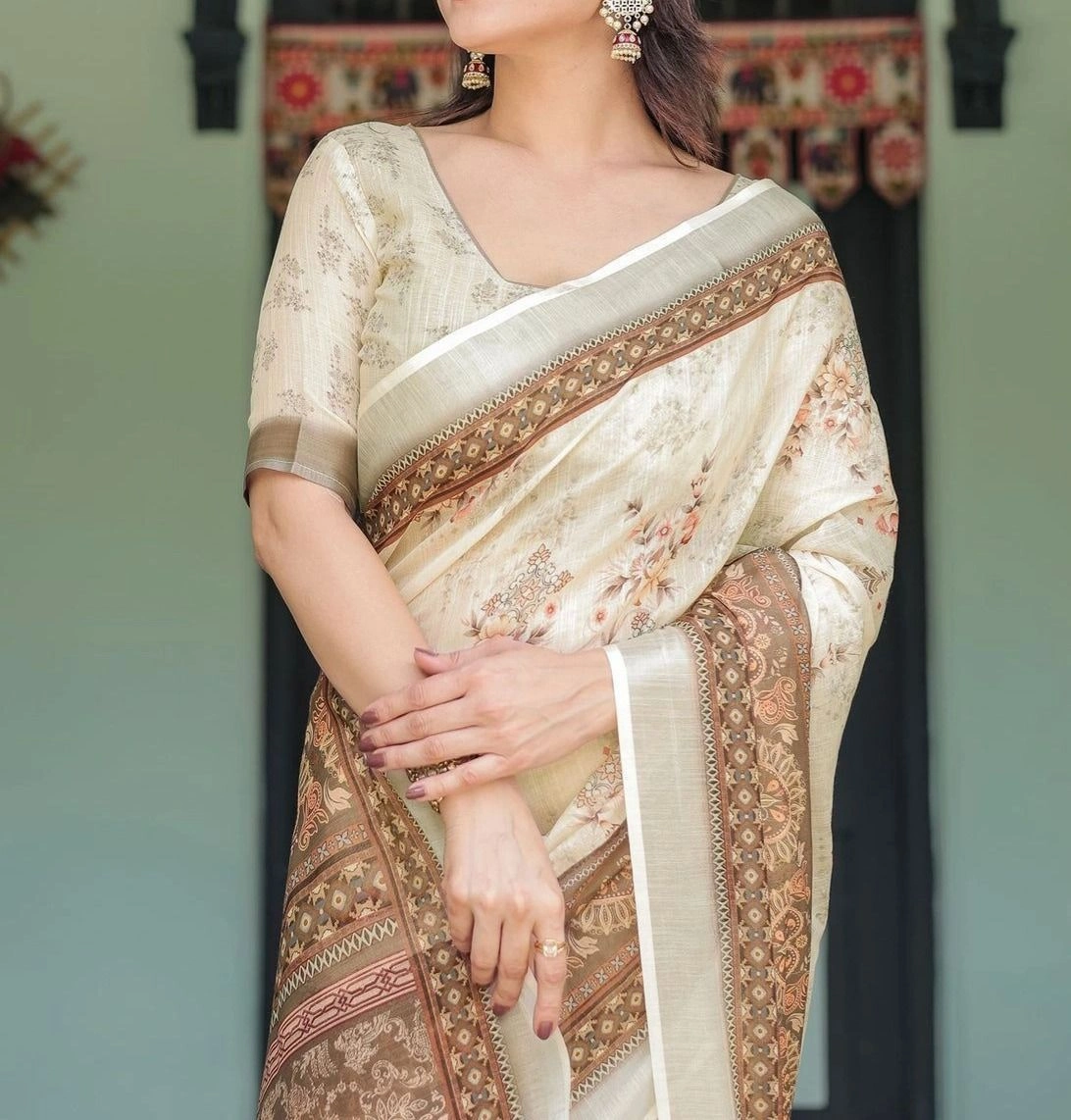 Tryloom Cream Linen Printed Onam Saree 4