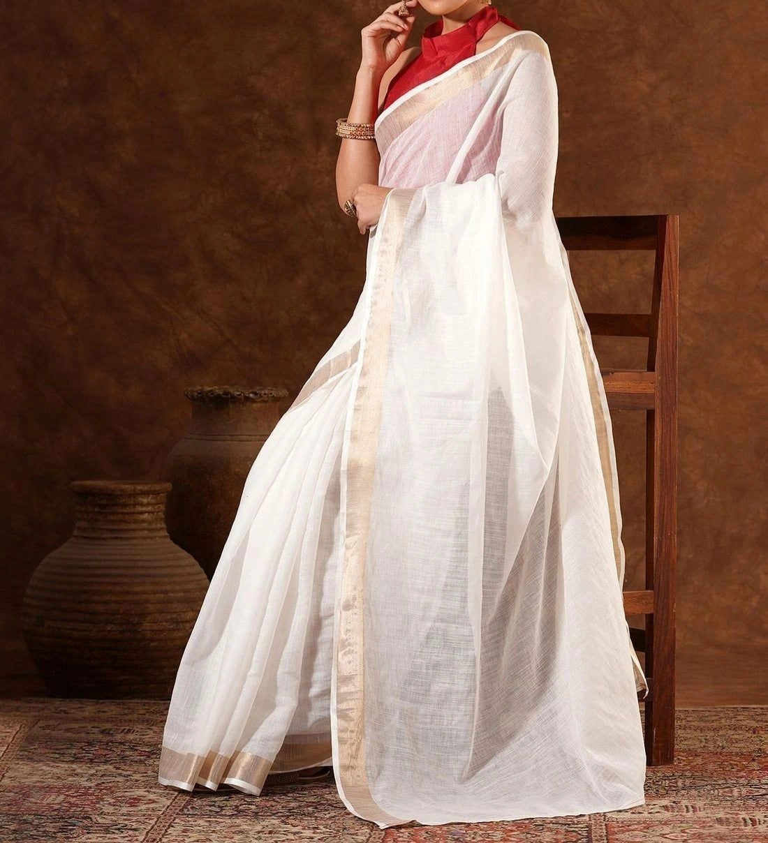Tryloom White Linen Zari work Plain Onam Saree 5