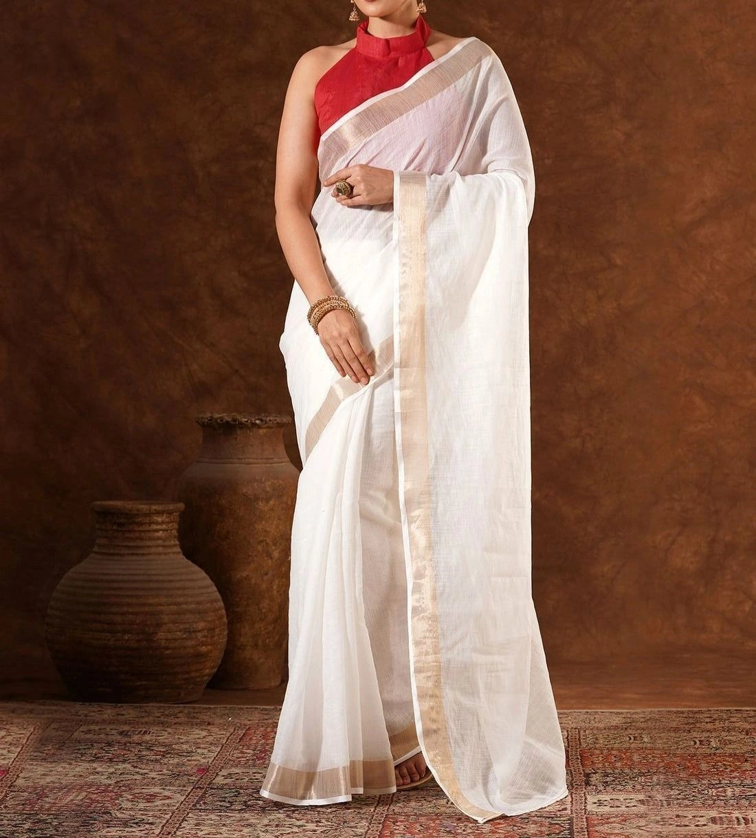 Tryloom White Linen Zari work Plain Onam Saree 1