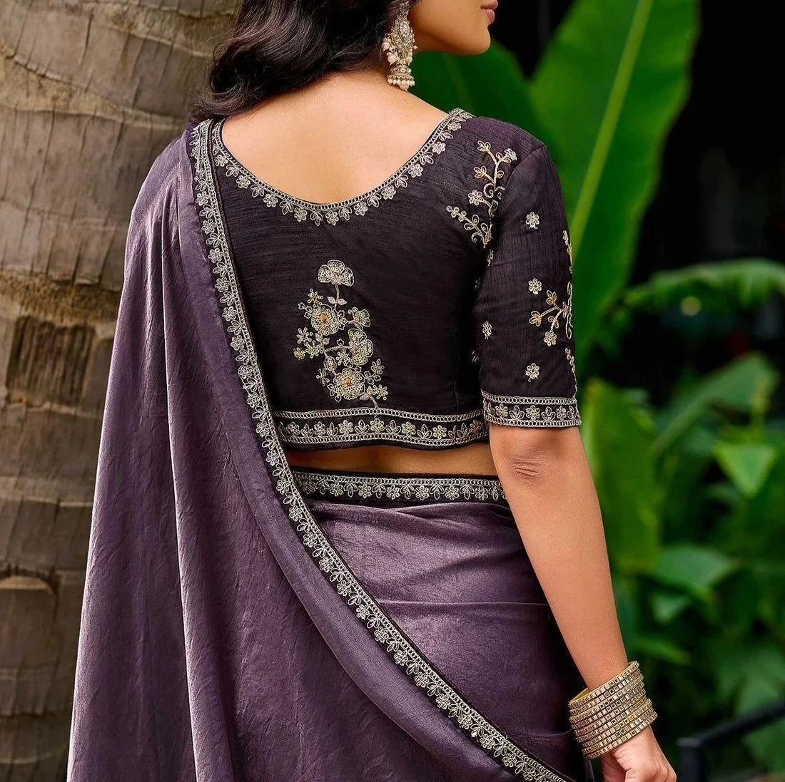 Tryloom Dusty Purple Tissue Silk Lace Saree 5