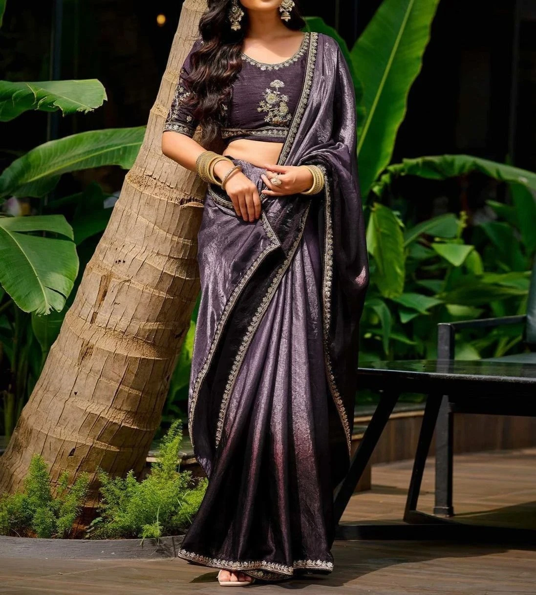 Tryloom Dusty Purple Tissue Silk Lace Saree 4