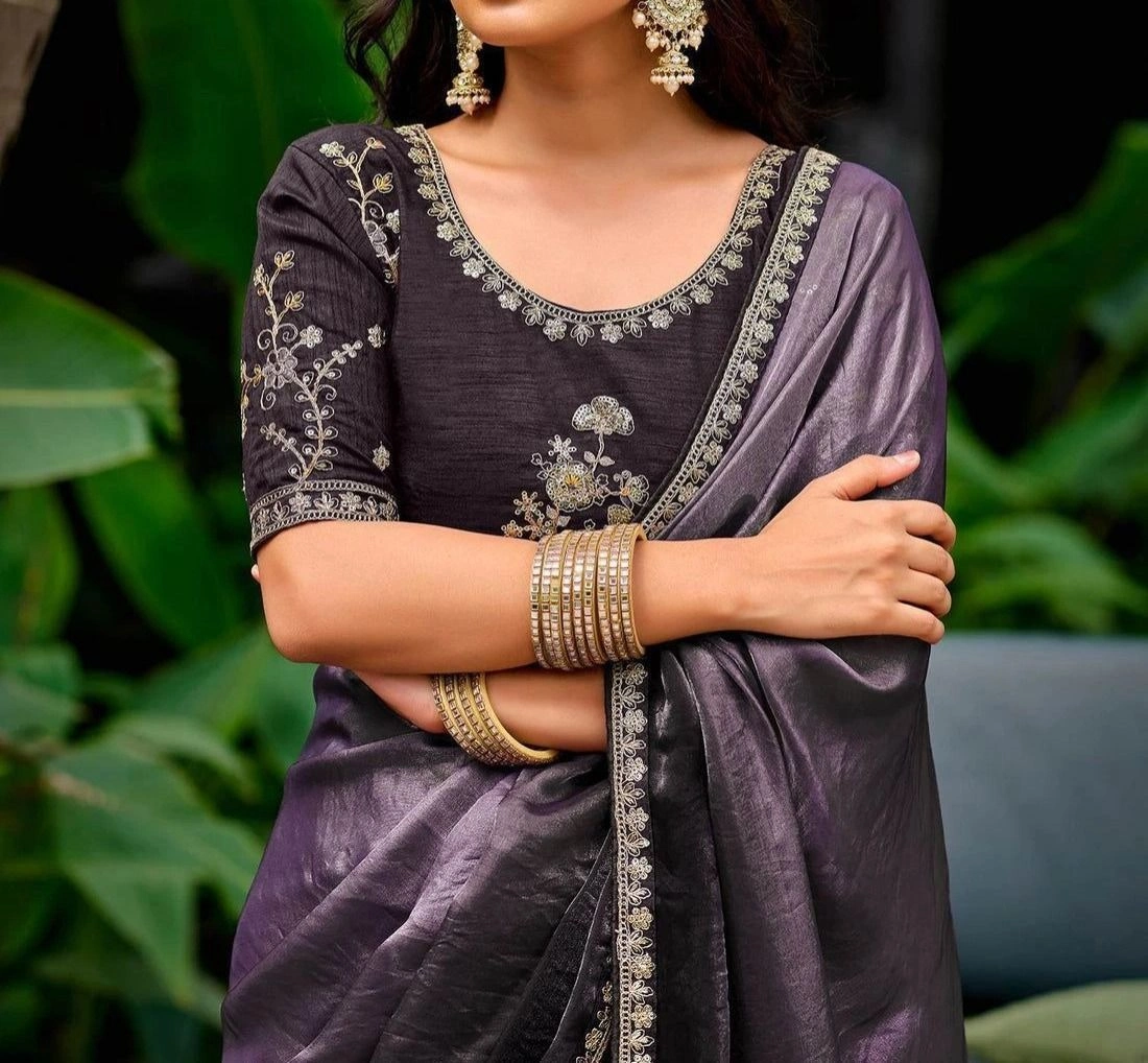 Tryloom Dusty Purple Tissue Silk Lace Saree 3