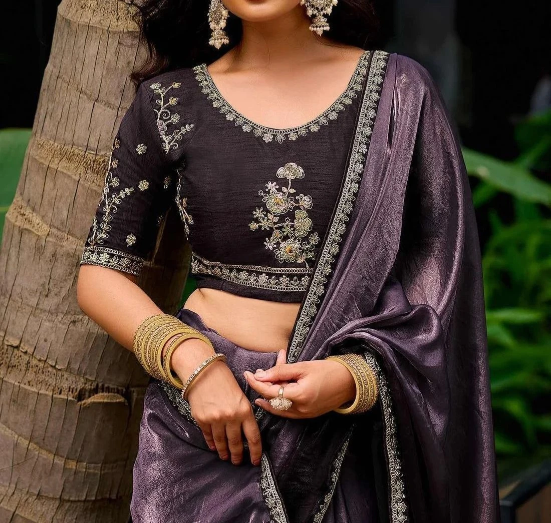 Tryloom Dusty Purple Tissue Silk Lace Saree 2
