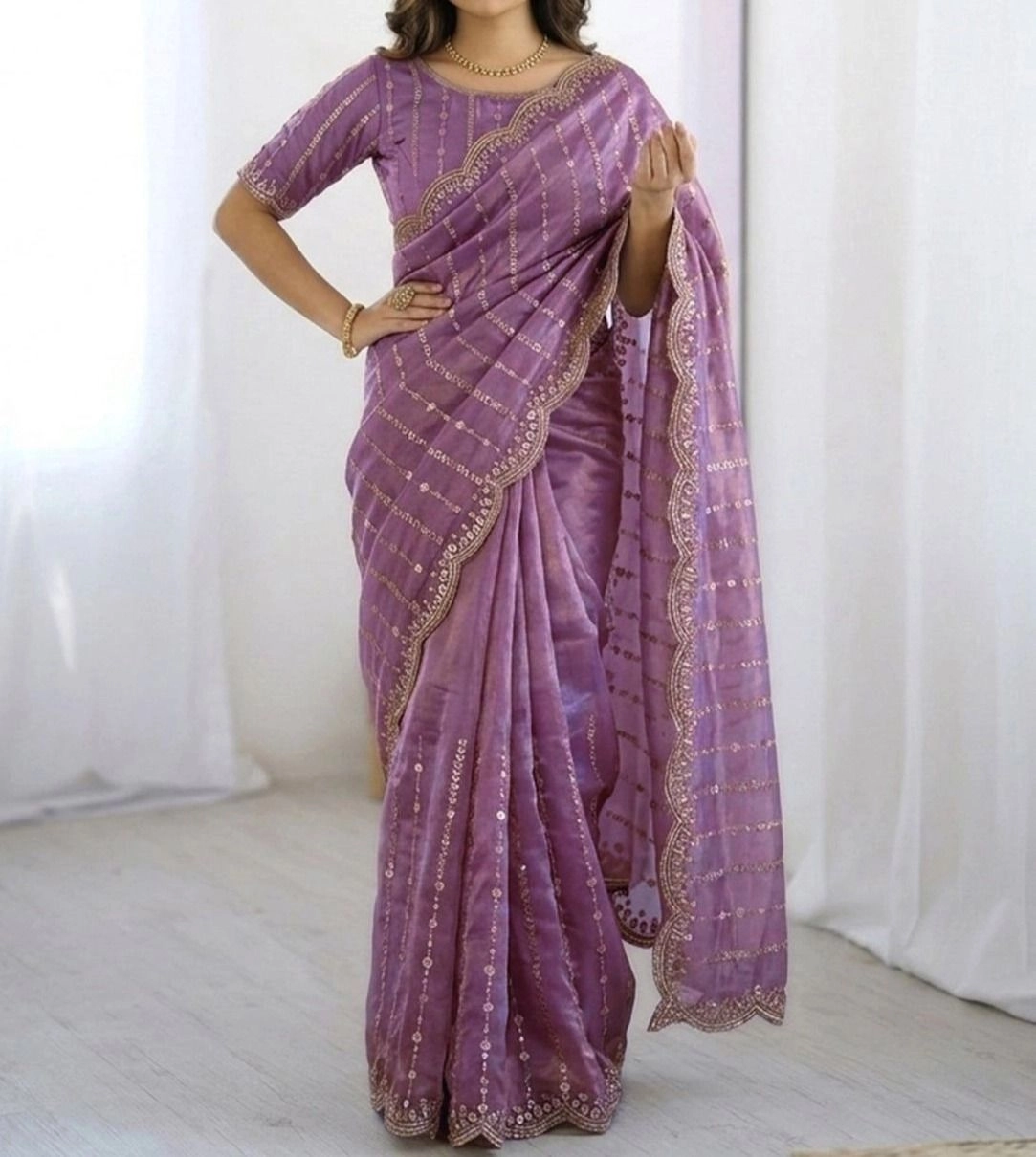 Tryloom Mauve Silk Sequence Embroidery Saree 4
