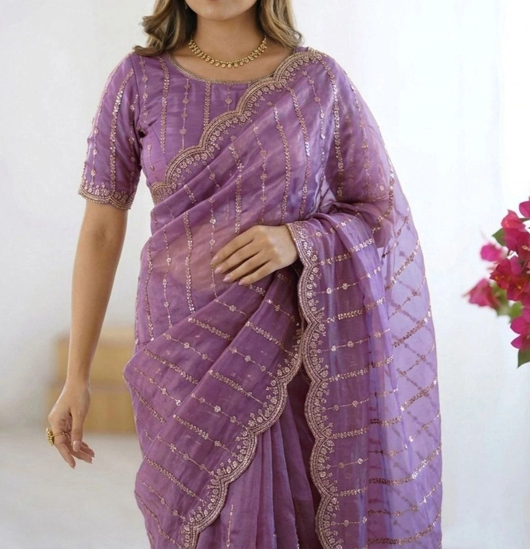 Tryloom Mauve Silk Sequence Embroidery Saree 3