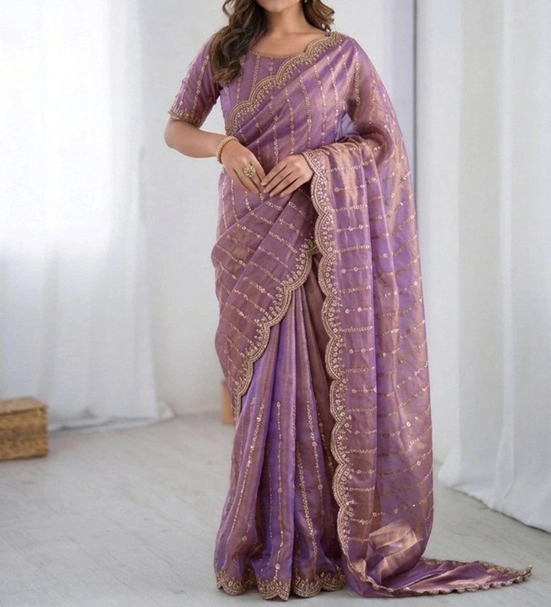Tryloom Mauve Silk Sequence Embroidery Saree 1