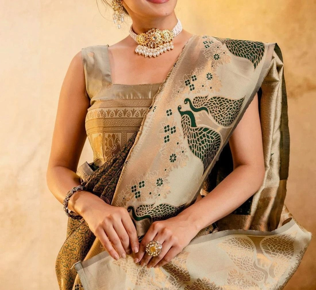 Tryloom Dark Green Silk Woven Kanjivaram Saree 2
