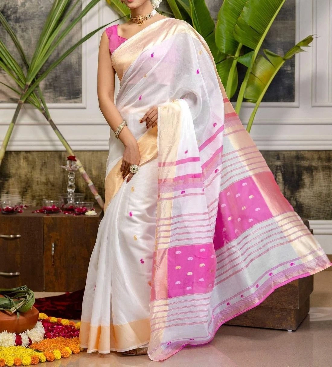 Tryloom White Linen Woven Saree 2