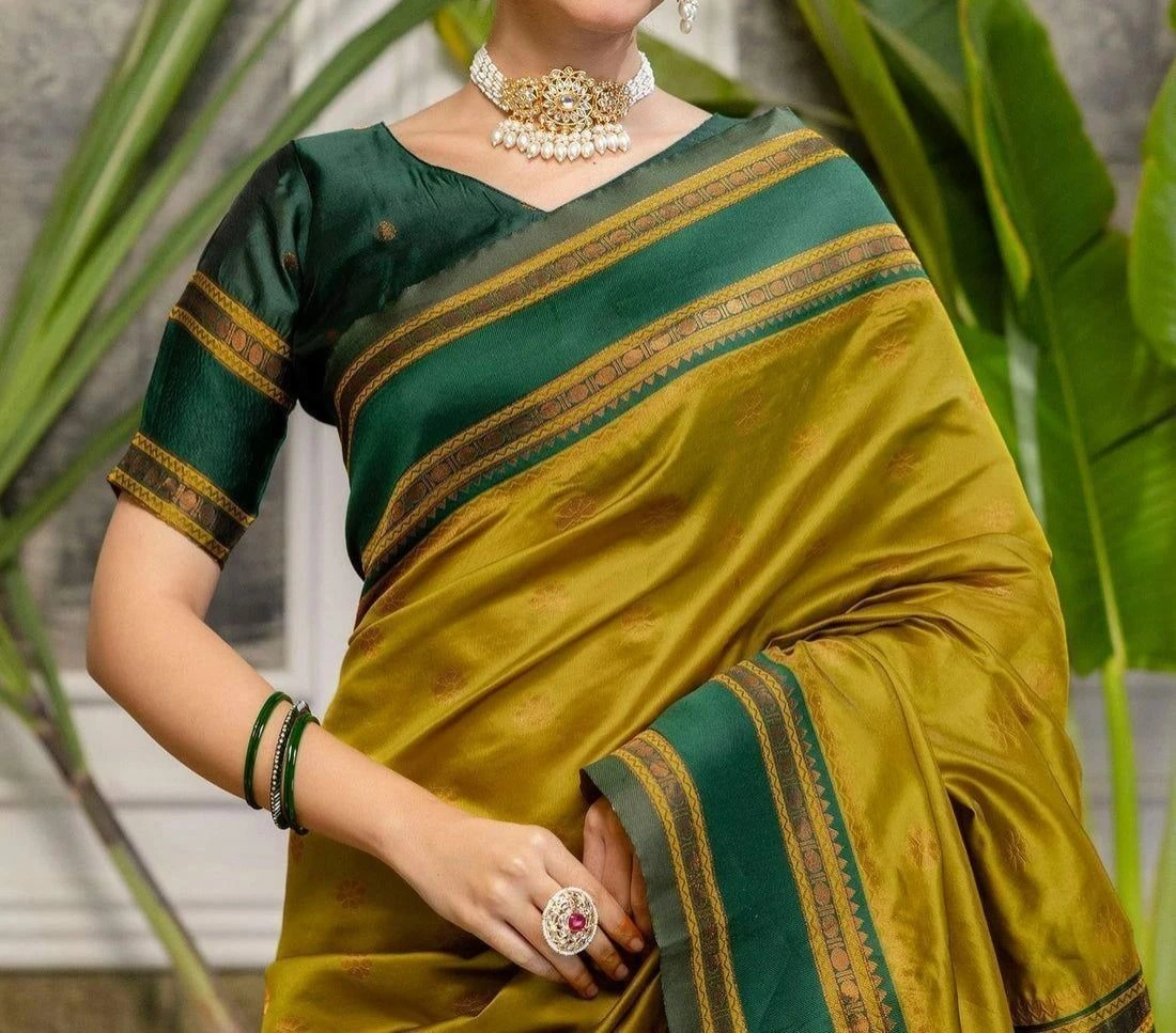Tryloom Mustard Yellow Silk Woven Kanjivaram Saree 2