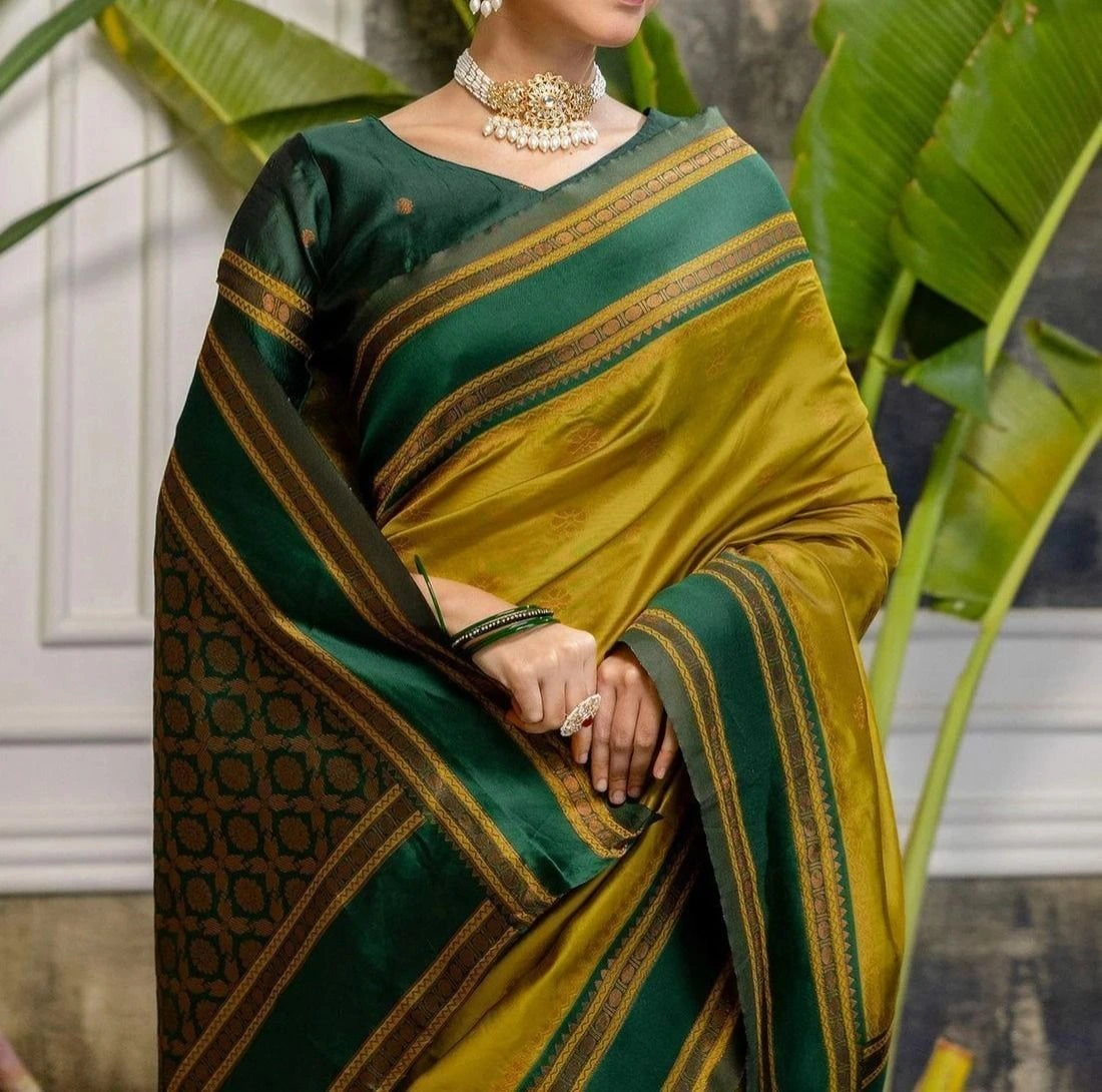 Tryloom Mustard Yellow Silk Woven Kanjivaram Saree 3