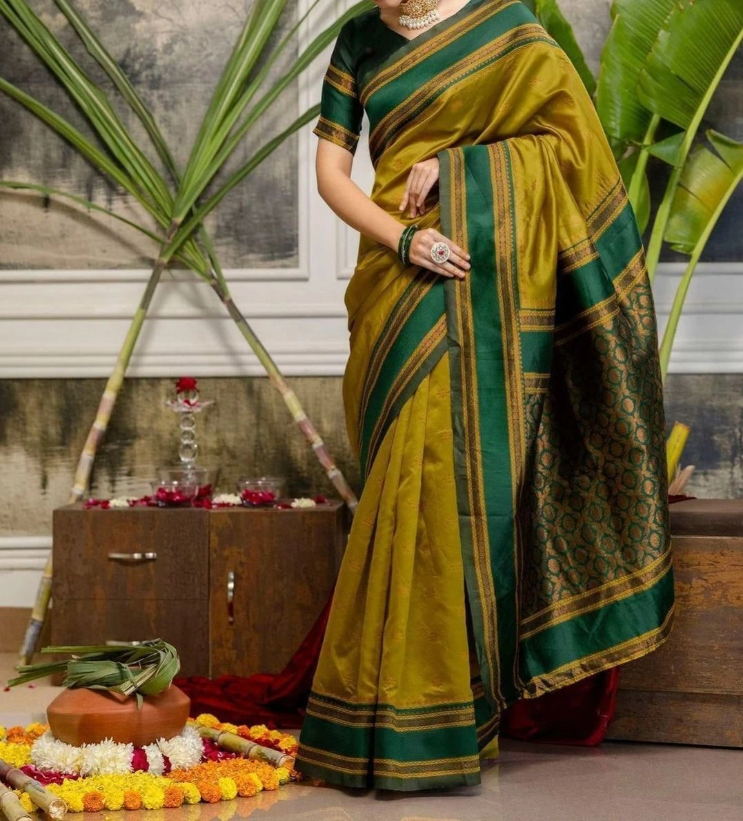 Tryloom Mustard Yellow Silk Woven Kanjivaram Saree 4