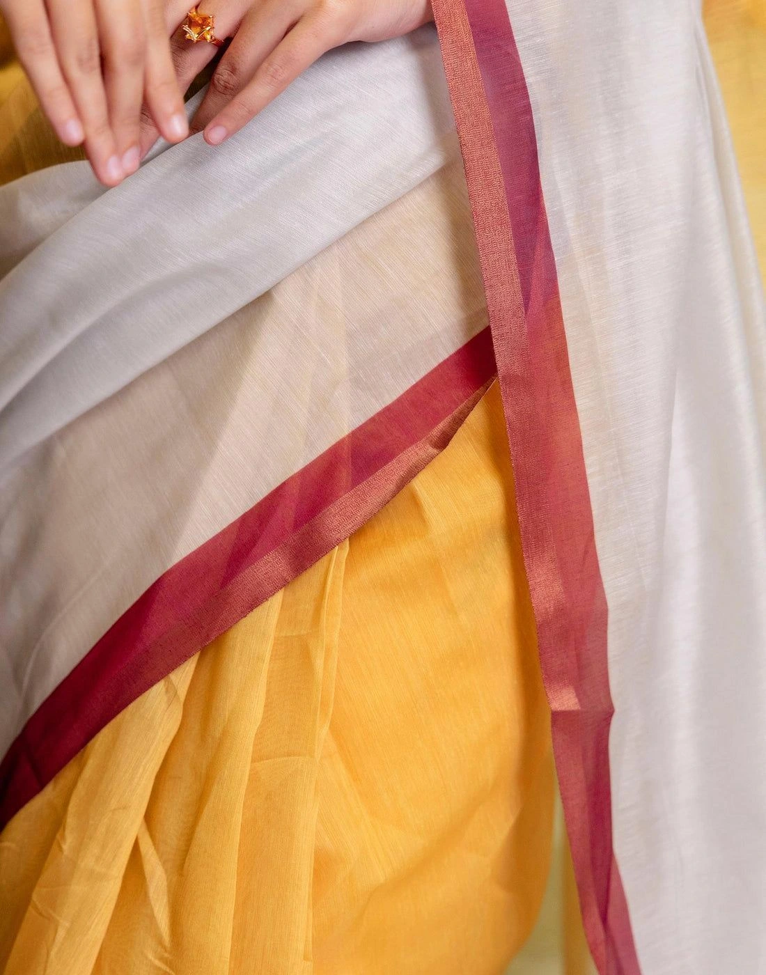 Tryloom Ready To Wear Yellow Linen Zari Border Saree 6