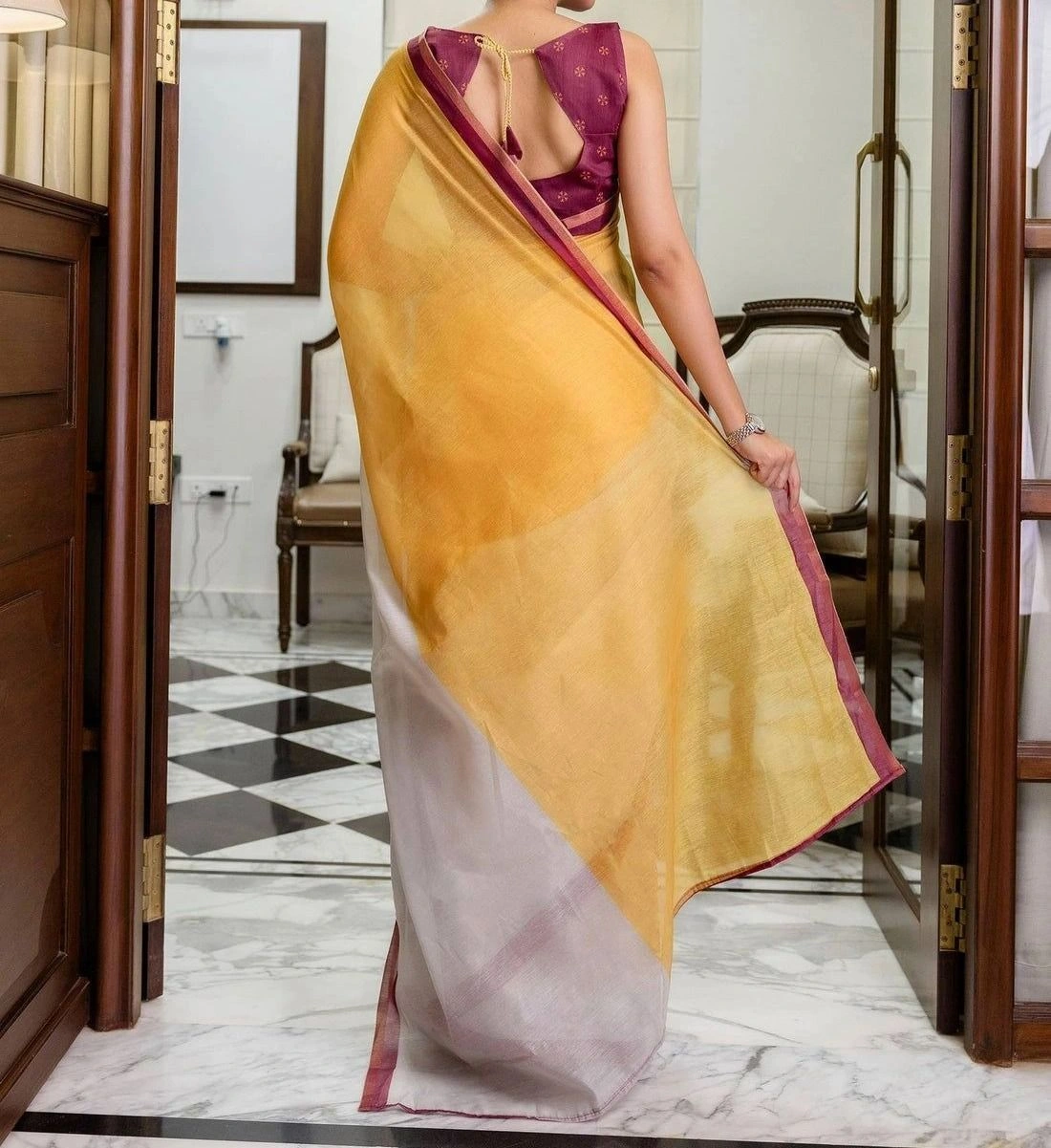 Tryloom Ready To Wear Yellow Linen Zari Border Saree 5