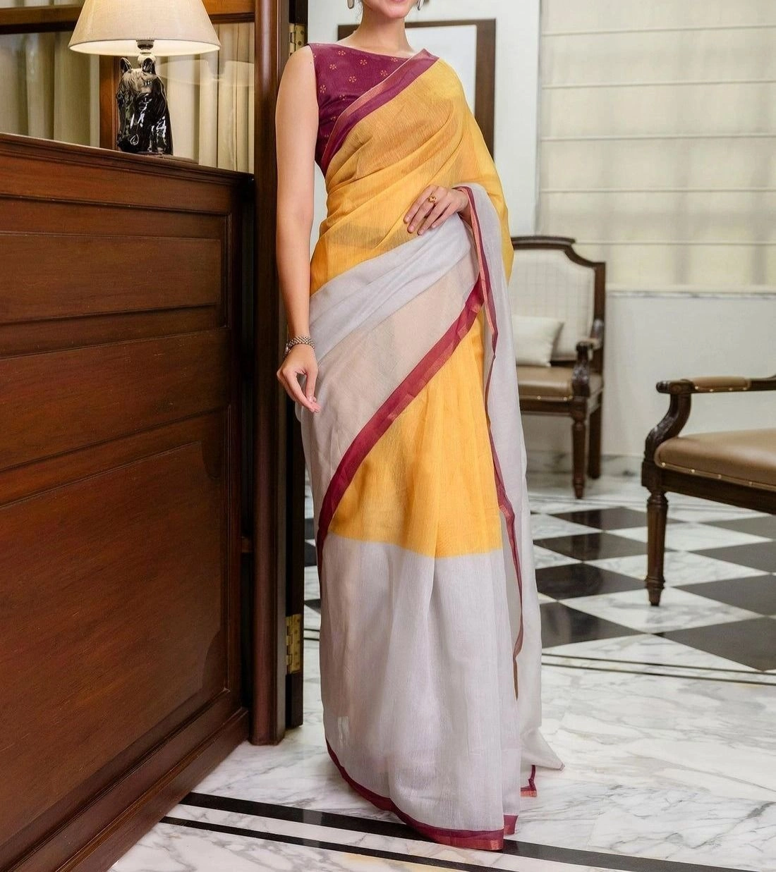 Tryloom Ready To Wear Yellow Linen Zari Border Saree 4