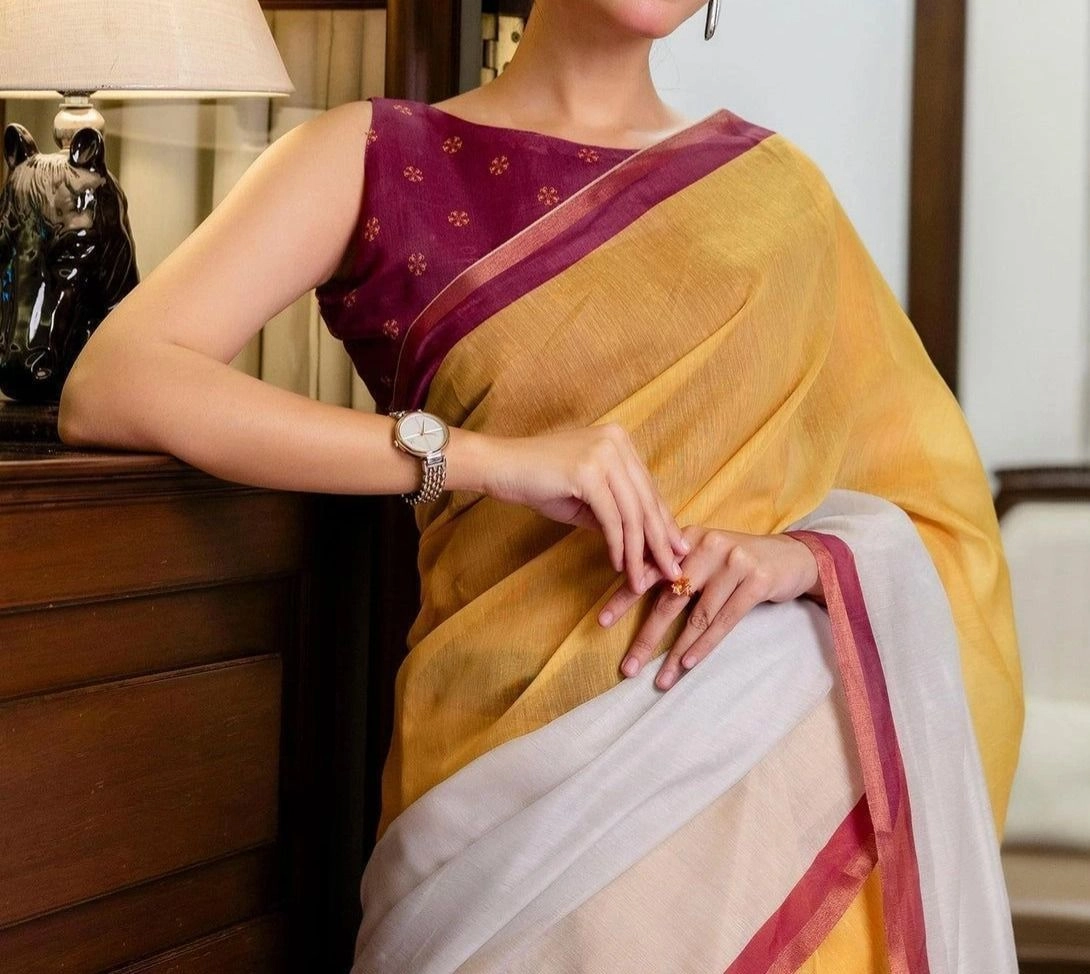 Tryloom Ready To Wear Yellow Linen Zari Border Saree 3