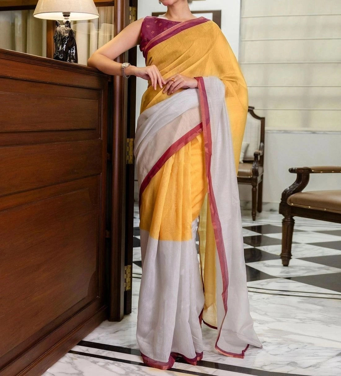 Tryloom Ready To Wear Yellow Linen Zari Border Saree 1