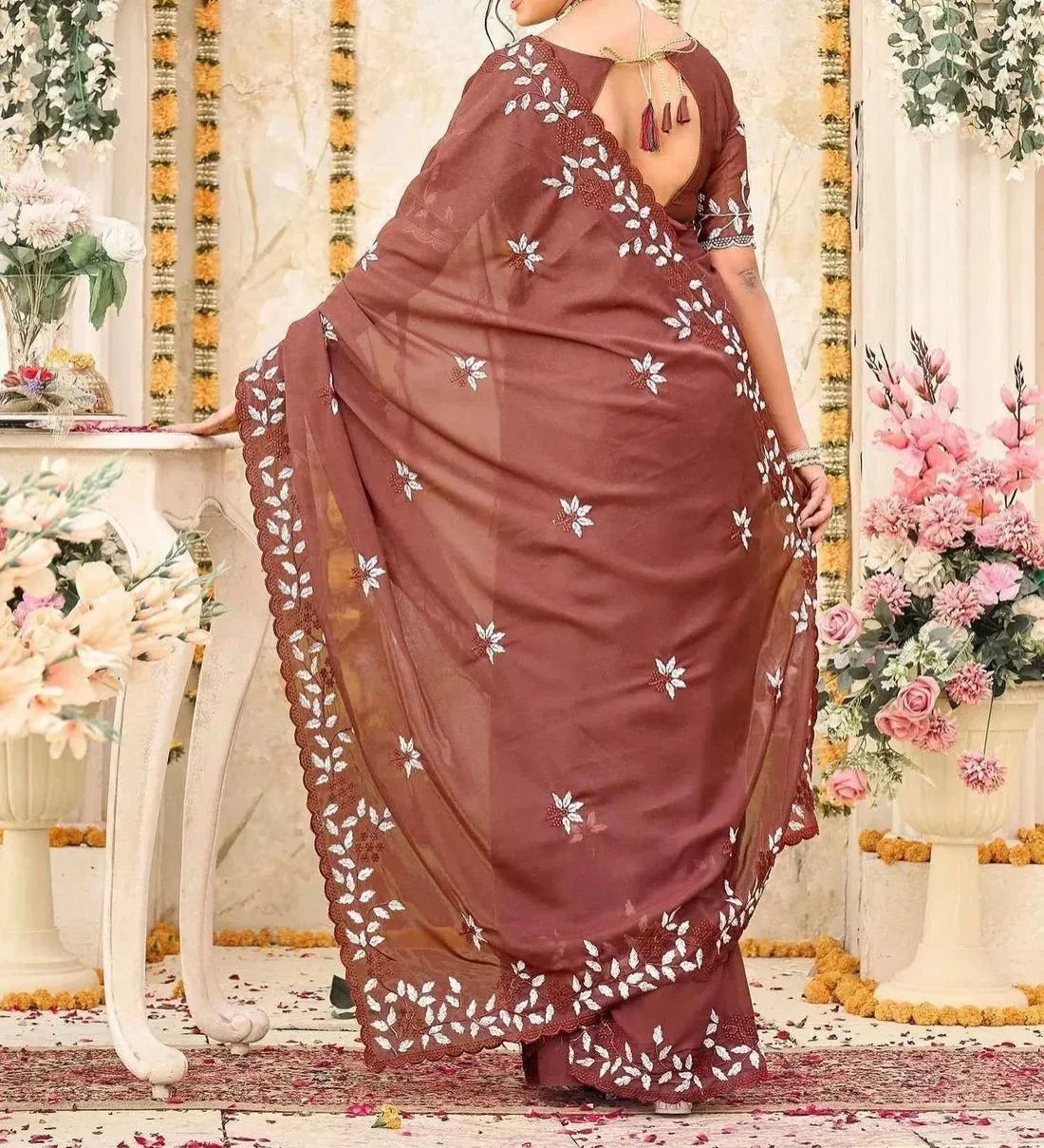 Tryloom Dusty Maroon Shimmer Georgette Sequence Embroidery saree 5