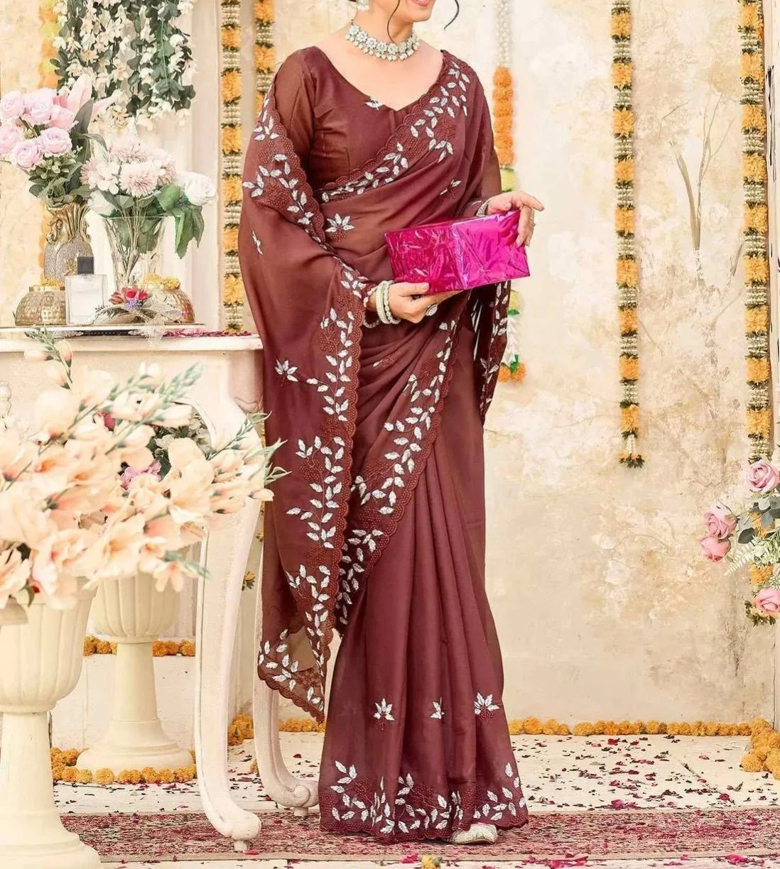 Tryloom Dusty Maroon Shimmer Georgette Sequence Embroidery saree 4