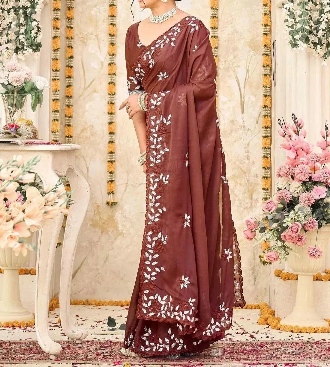 Tryloom Dusty Maroon Shimmer Georgette Sequence Embroidery saree 3