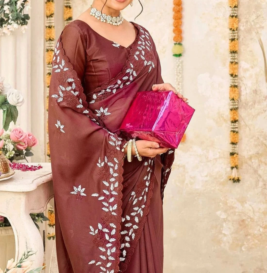 Tryloom Dusty Maroon Shimmer Georgette Sequence Embroidery saree 2