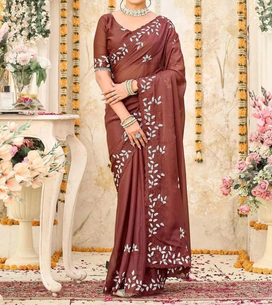 Tryloom Dusty Maroon Shimmer Georgette Sequence Embroidery saree 1
