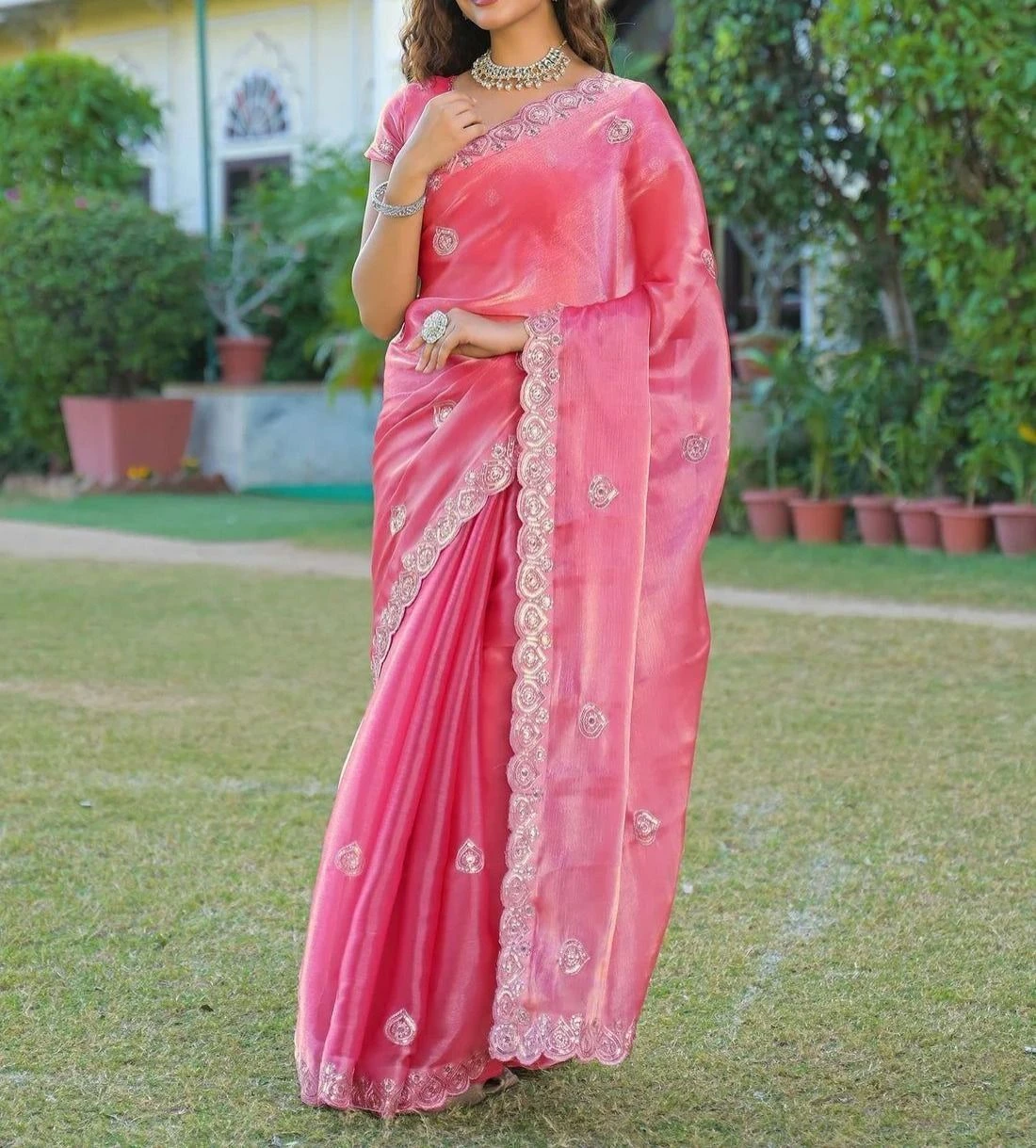 Tryloom Pink Shimmer Chiffon Sequence Embroidery saree 3