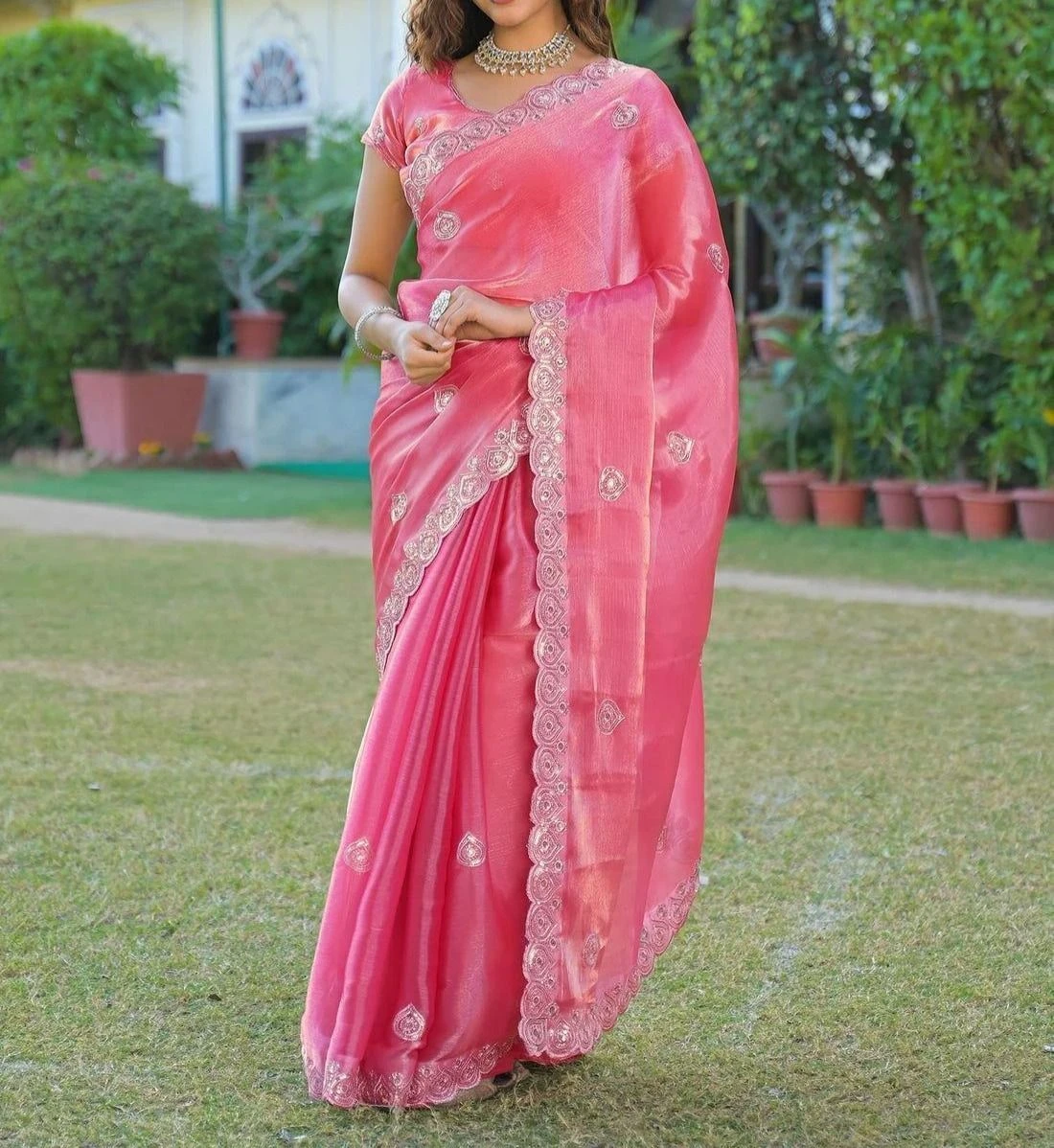 Tryloom Pink Shimmer Chiffon Sequence Embroidery saree 1