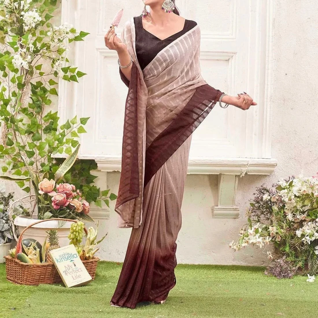 Tryloom Ready To Wear Mauve Chiffon Ombre Zari Stripe Saree 4