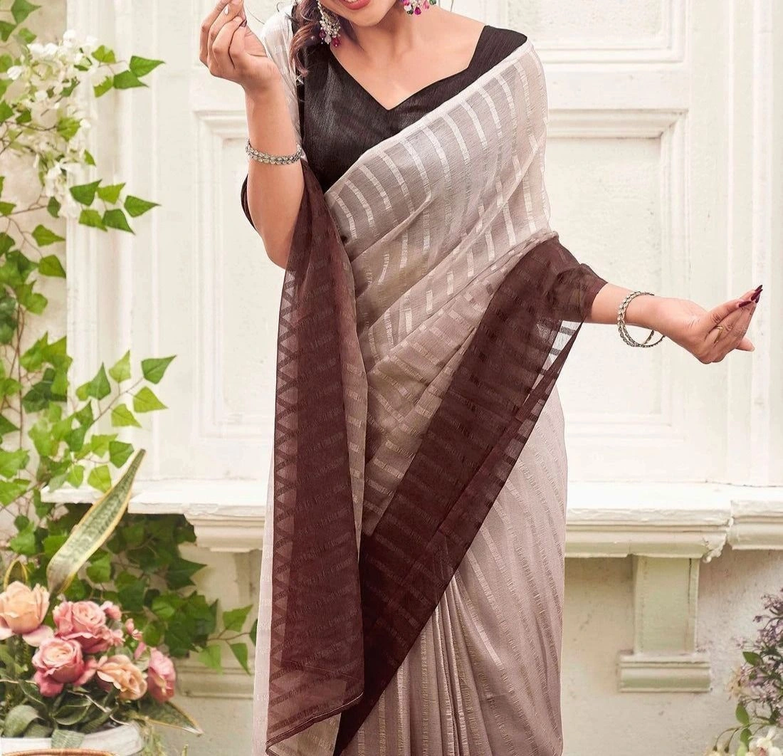 Tryloom Ready To Wear Mauve Chiffon Ombre Zari Stripe Saree 2