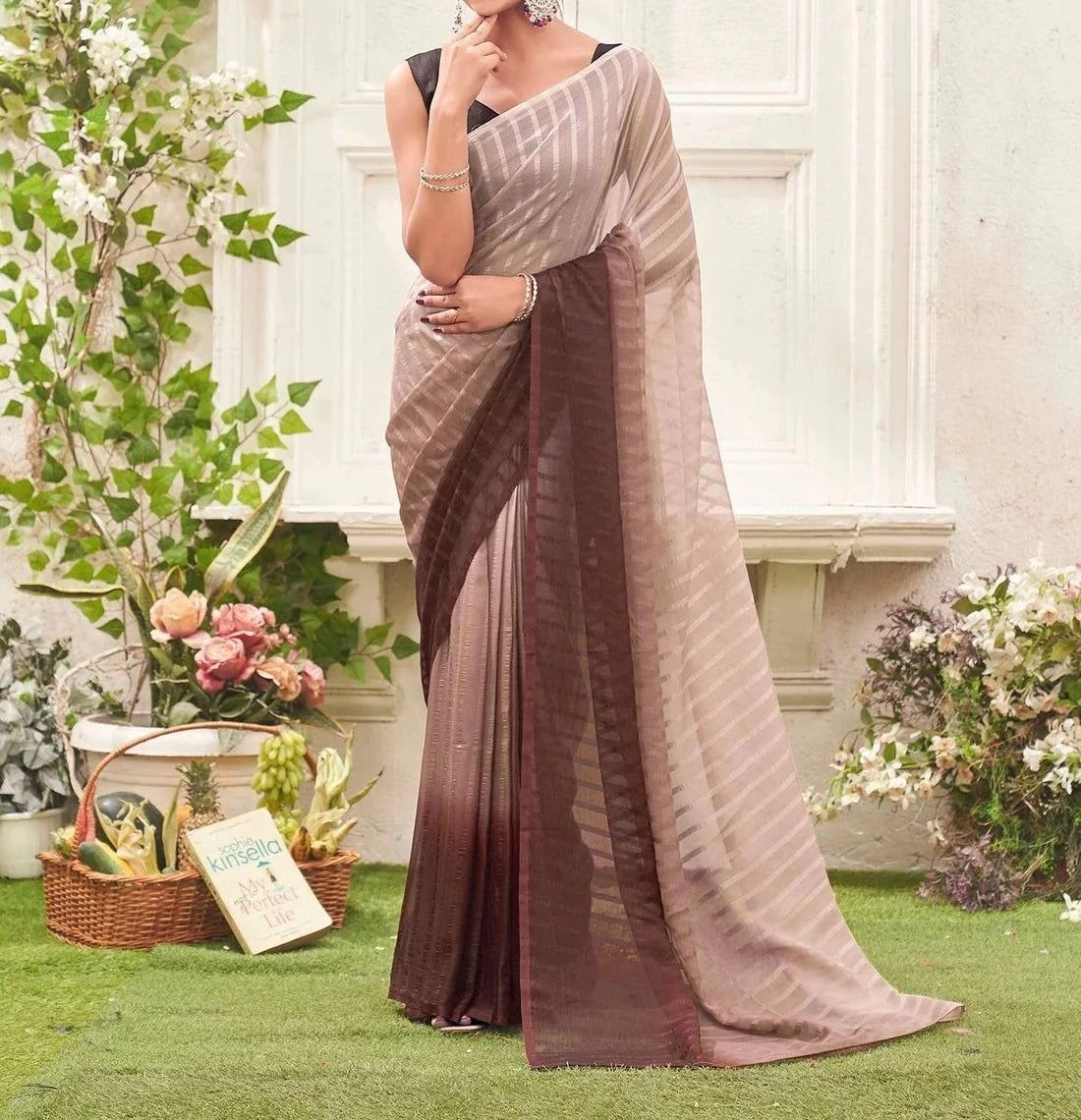 Tryloom Ready To Wear Mauve Chiffon Ombre Zari Stripe Saree 1