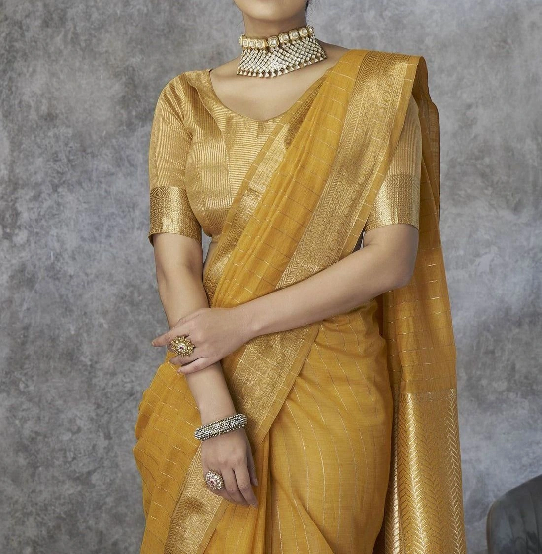 Tryloom Mustard Silk Woven Zari Stripe Saree 4