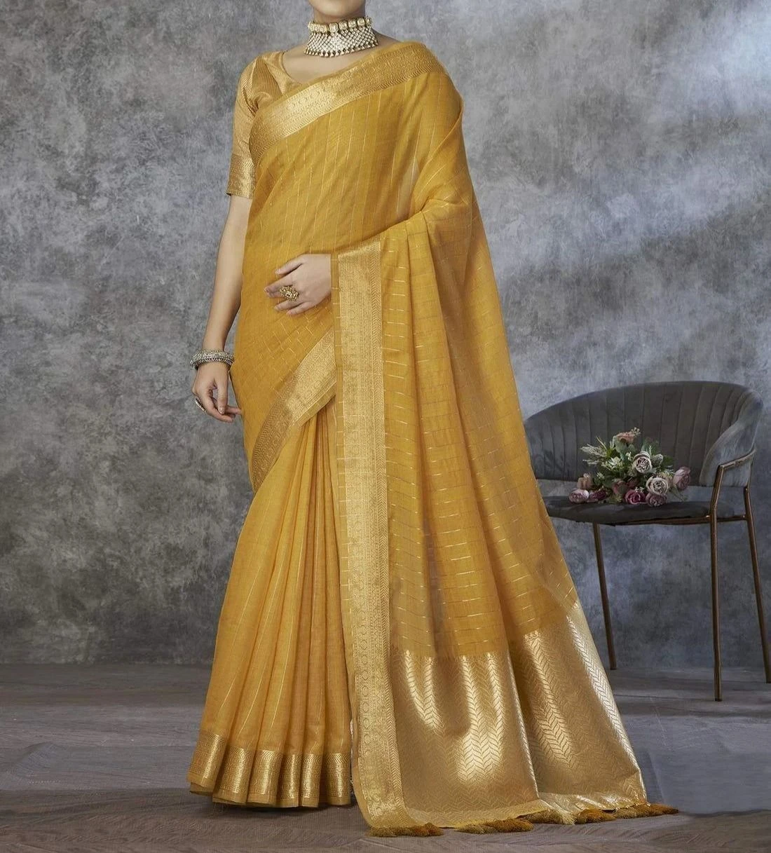Tryloom Mustard Silk Woven Zari Stripe Saree 3