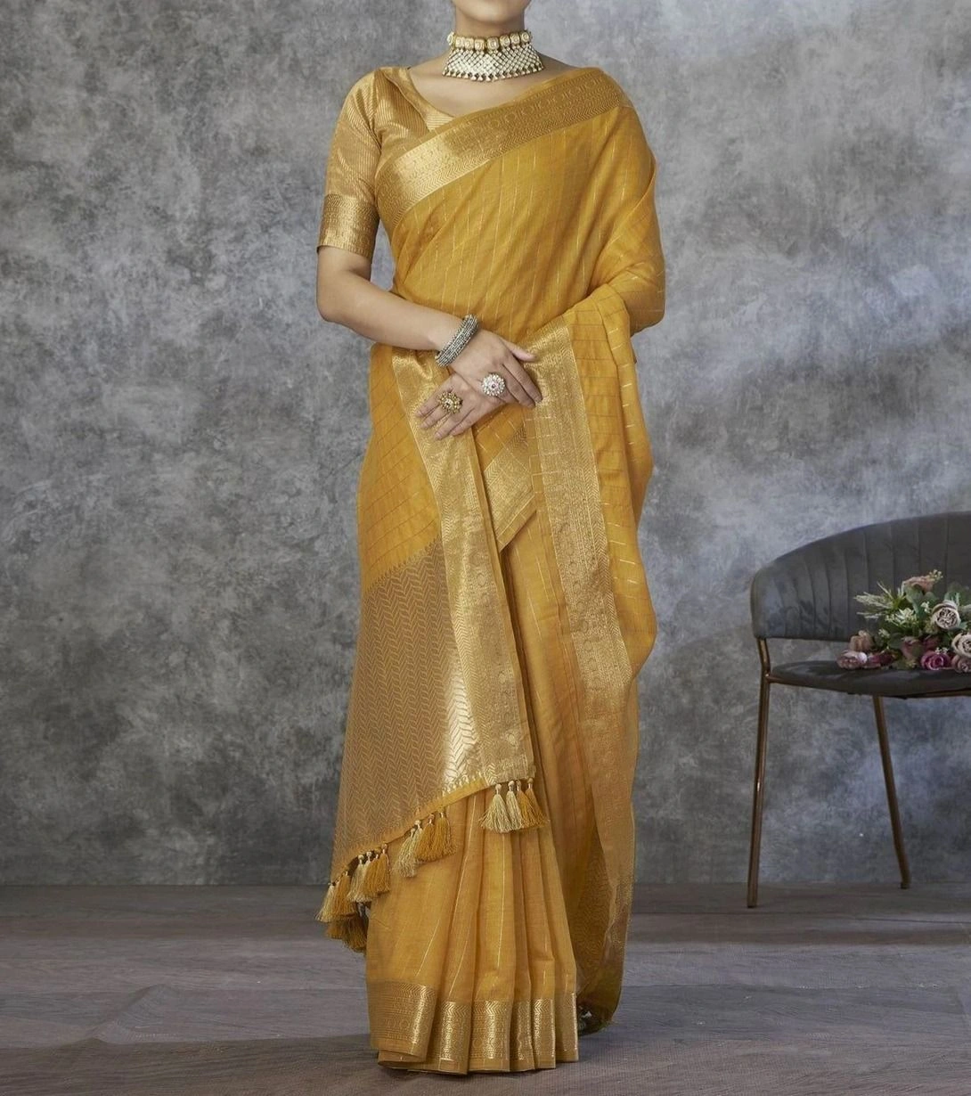 Tryloom Mustard Silk Woven Zari Stripe Saree 1