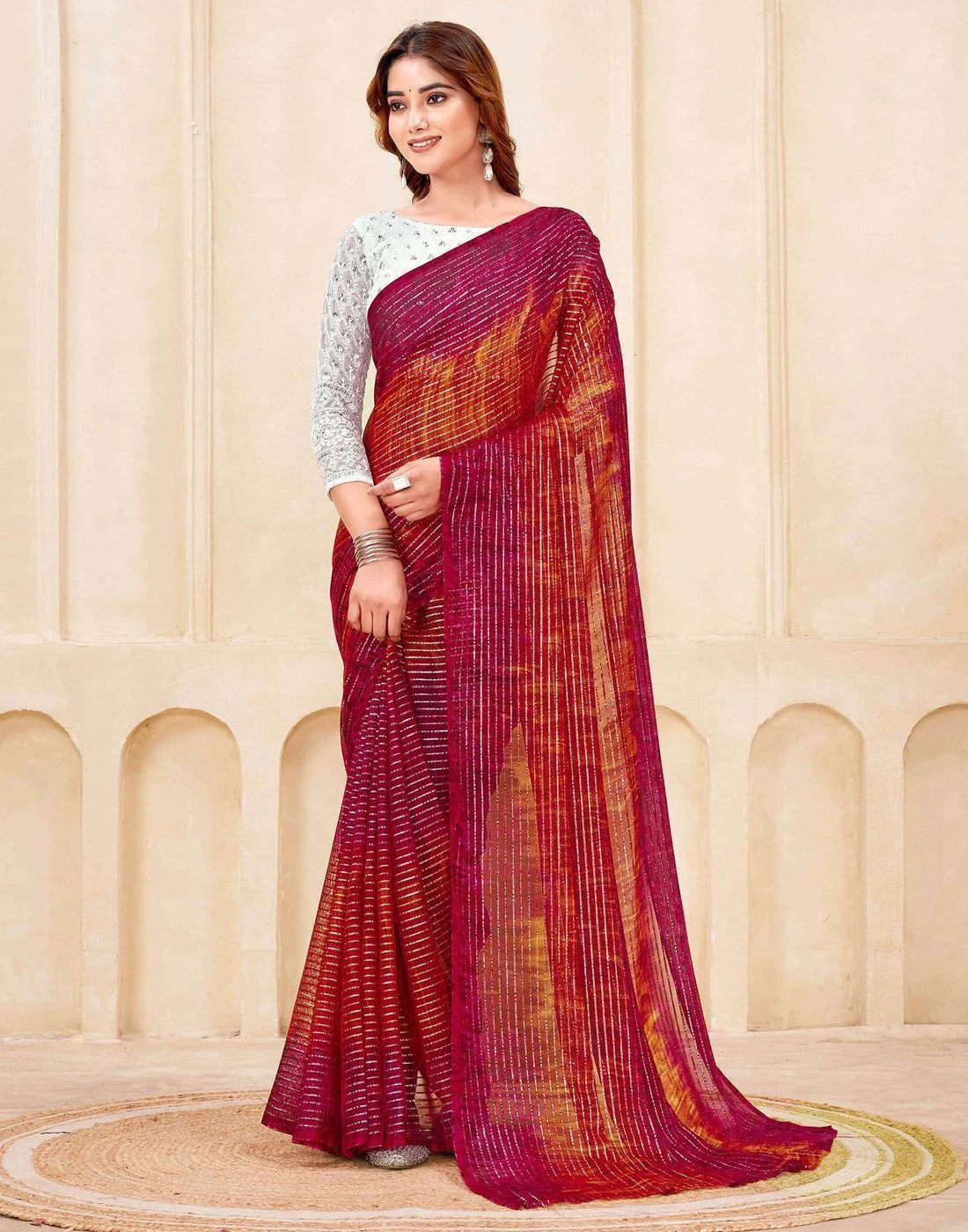 Tryloom Dark Pink Georgette Zari Stripe Saree 1