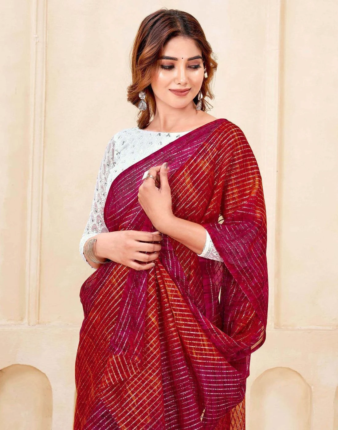 Tryloom Dark Pink Georgette Zari Stripe Saree 2