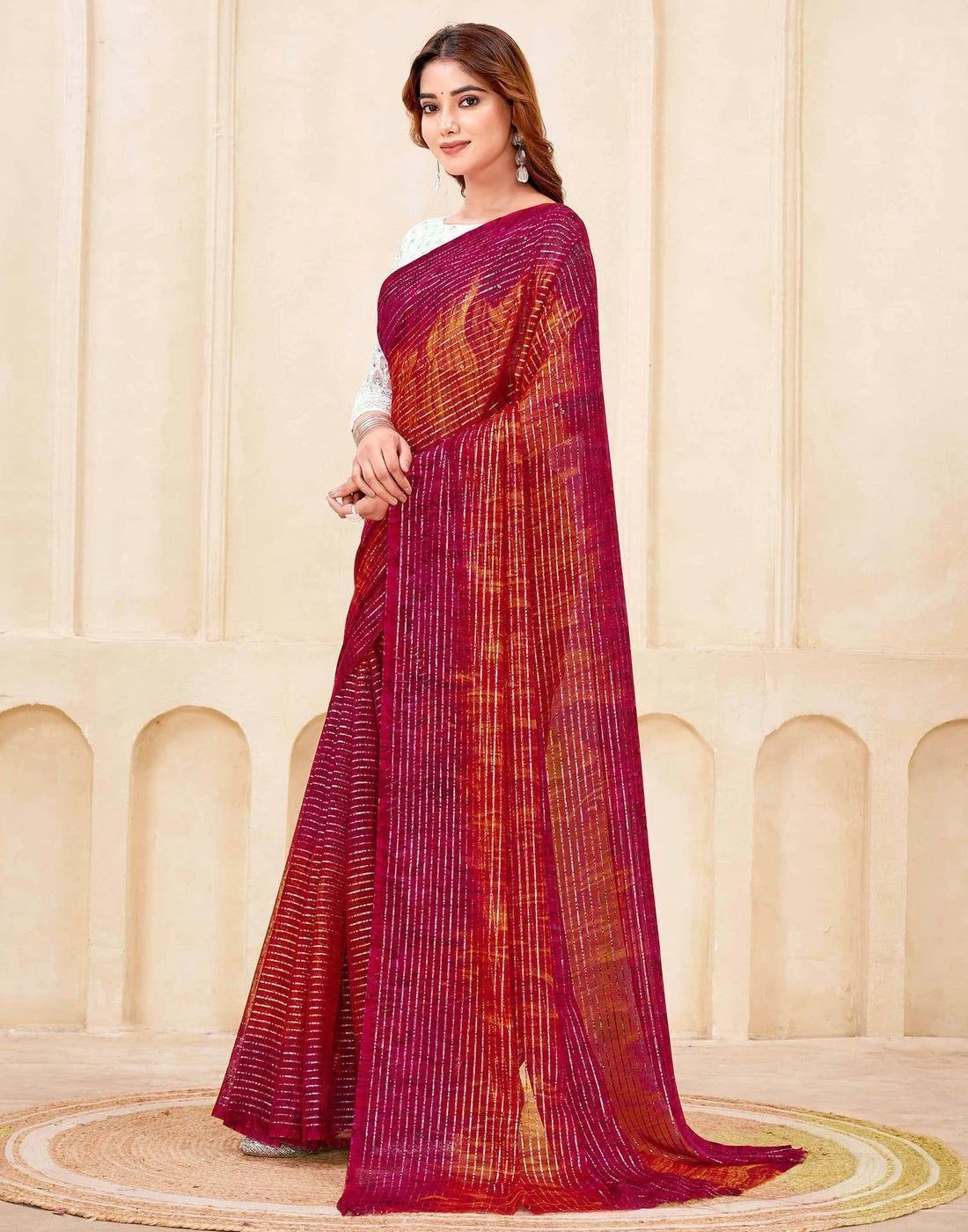 Tryloom Dark Pink Georgette Zari Stripe Saree 3