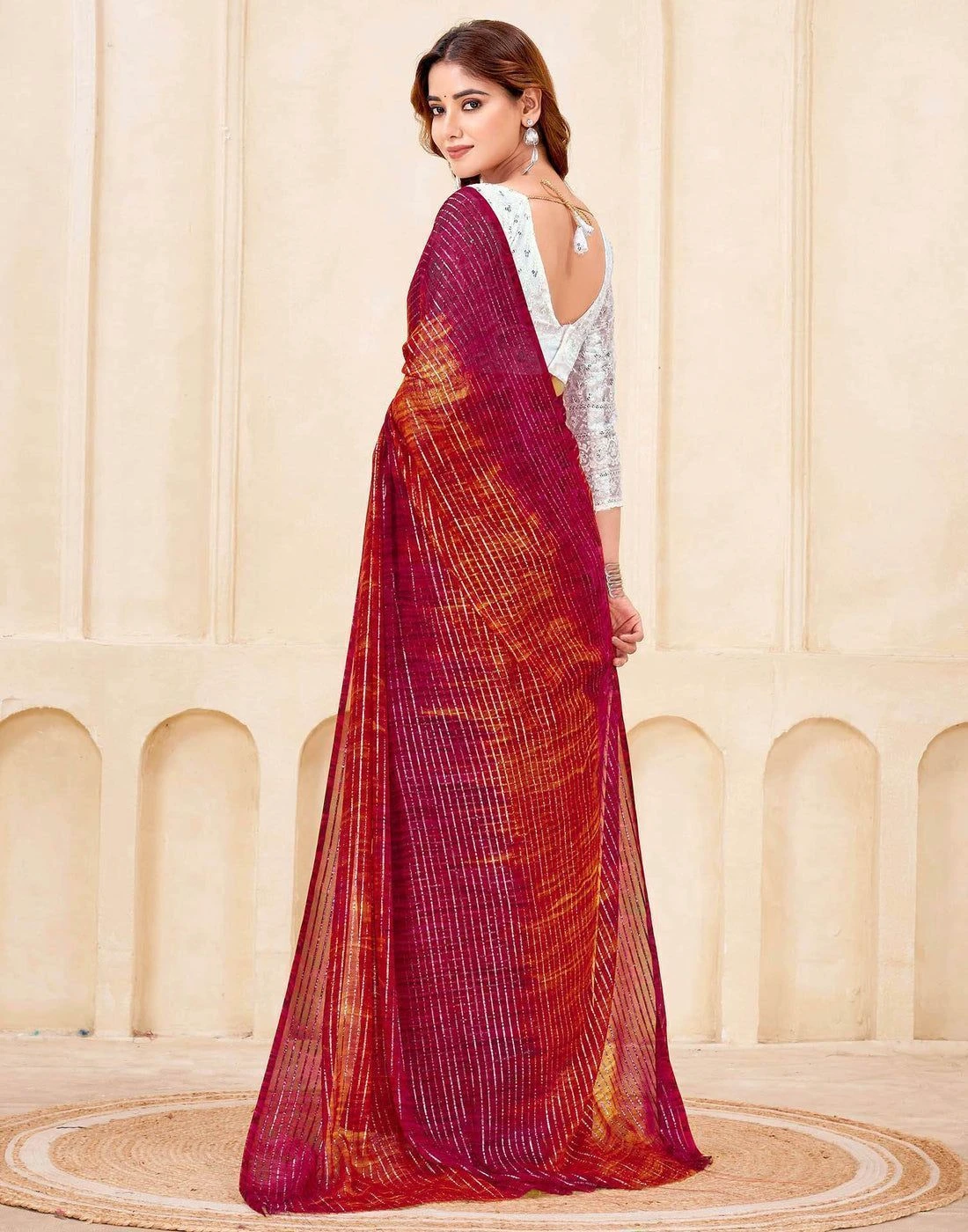 Tryloom Dark Pink Georgette Zari Stripe Saree 4
