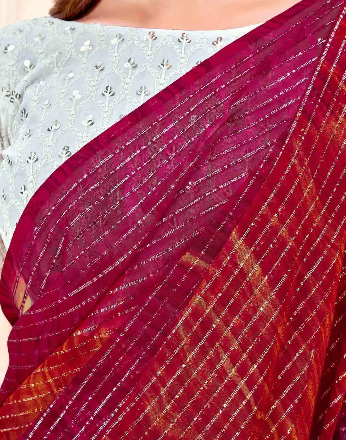 Tryloom Dark Pink Georgette Zari Stripe Saree 5