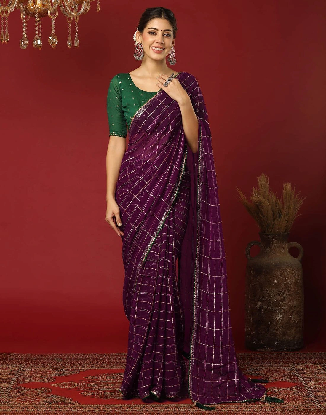 Tryloom Dark Purple Georgette Woven Zari Stripe Saree 1