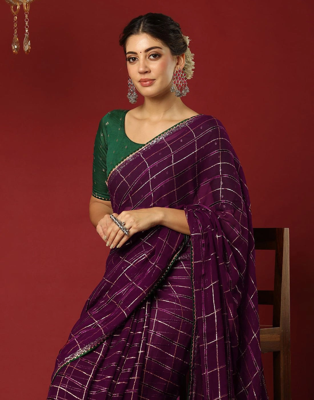 Tryloom Dark Purple Georgette Woven Zari Stripe Saree 2