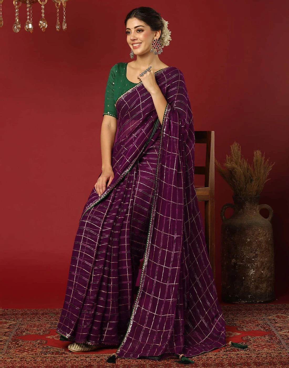 Tryloom Dark Purple Georgette Woven Zari Stripe Saree 3